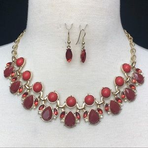 Red Abstract Flair Gem Necklace Earrings Set